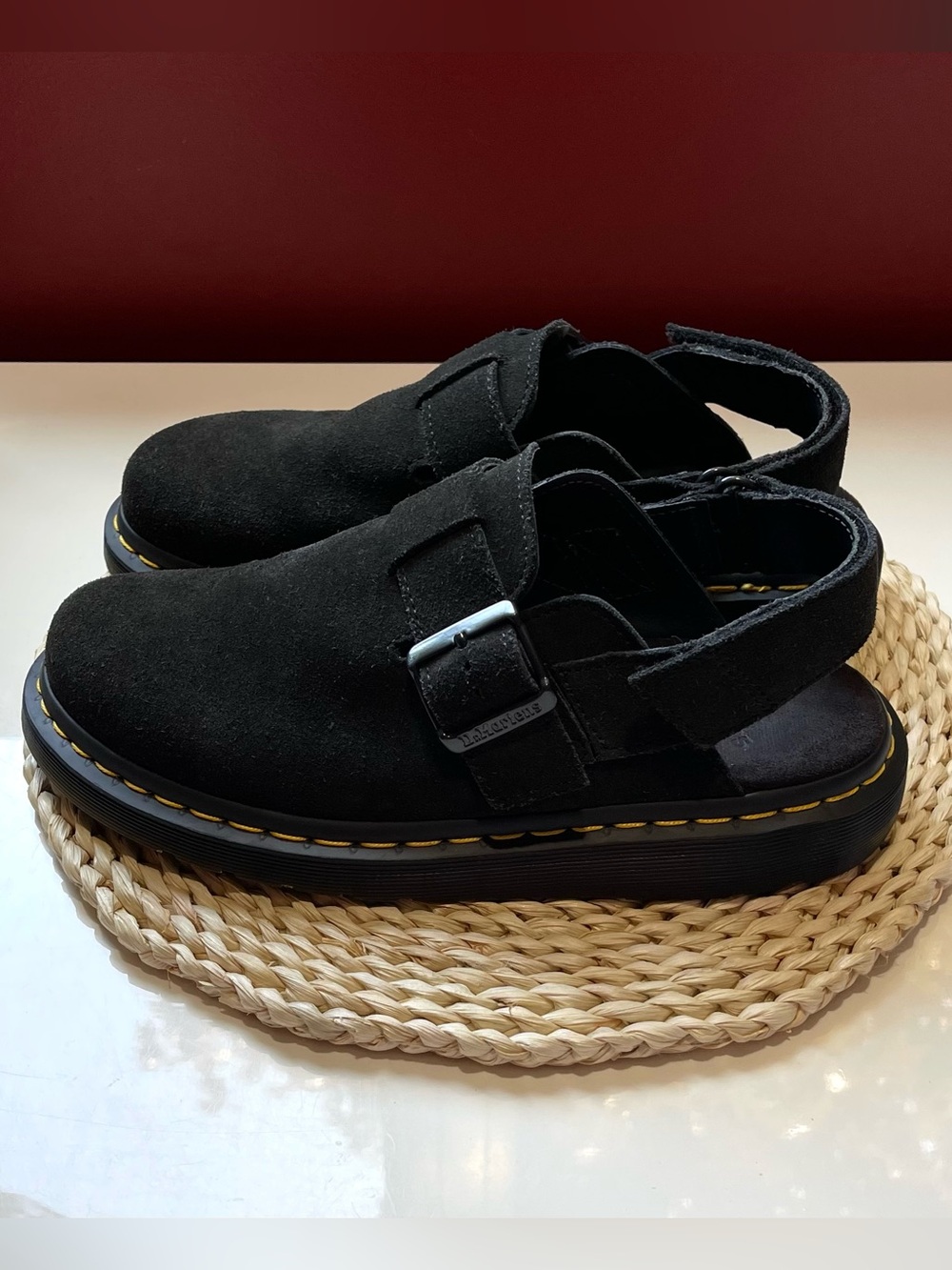 Dr. Martens Women’s Black Suede Jorge Clogs II Slingback Mules Yellow Stitch